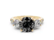 Round Three-Stone Pavé Engagement Ring Setting for a Black Center | Round Side Stones | Yellow Gold