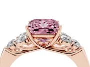 Fancy Pink Princess Cut Diamond Cluster Ring Set in Rose gold with Round Accent Stones and Prong Setting on a Plain Band