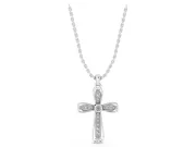 Round Lab-Grown Diamond Bezel Milgrain Cross Pendant Necklace | Scrolled Outline | Sterling Silver