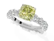 Cushion Cut Side Stone Engagement Ring Setting for a Fancy Yellow Lab-Grown Diamond | Scalloped Prong Accents | Platinum