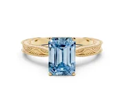 Fancy Blue Emerald Cut Diamond Solitaire Milgrain Engraved Band Set in Yellow gold with Prong Setting