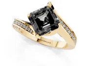 Fancy Black Asscher Cut Diamond Solitaire Ring Set in Yellow gold with Intertwined Pavé Twist Band