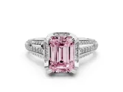 Fancy Pink Emerald Cut Diamond Pavé Split Shank Solitaire Ring Set in Platinum with Prong Setting