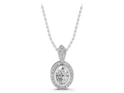 Oval Lab-Grown Diamond Bezel Pavé Halo Pendant Necklace | Milgrain Kite Bail | White Gold