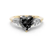 Fancy Black Three-Stone Heart Cut Diamond Ring Set in Yellow gold with Pear Side Stones and Prong Setting
