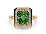 Radiant Cut Halo Engagement Ring Setting for a Fancy Green Lab-Grown Diamond | Bezel Station Shoulders | Yellow Gold