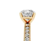 Cushion Cut Diamond Solitaire Ring Set in Yellow gold with Slim Pavé Band and Prong Setting