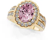 Oval Scalloped Halo Engagement Ring Setting for a Fancy Pink Lab-Grown Diamond | Double Row Band | Yellow Gold
