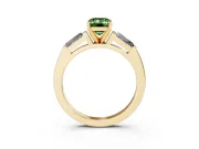 Fancy Green Emerald Cut Diamond Solitaire Ring Set in Yellow gold with Tapered Baguette Side Stones and Prong Setting
