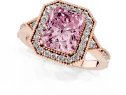 Fancy Pink Radiant Cut Diamond Halo Engagement Ring Set in Rose gold with Milgrain Pavé Band