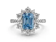 Fancy Blue Emerald Cut Diamond Floral Halo Ring Set in White gold with Round Pavé Band and Prong Setting