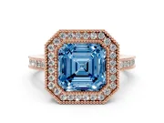 Fancy Blue Asscher Cut Diamond Halo Ring Set in Rose gold with Pavé Band and Milgrain-Edged Prongs