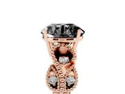 Fancy Black Round Cut Diamond Milgrain Leaf Band Solitaire Ring Set in Rose gold with Accent Stones and Prong Setting