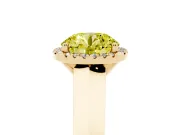 Fancy Yellow Round Cut Diamond Halo Ring Set in Yellow gold with Cathedral Band and Prong Setting