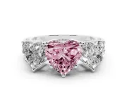 Heart-Shaped Three Stone Engagement Ring Setting for a Fancy Pink Lab-Grown Diamond | Beaded Shoulders | Sterling Silver