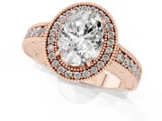 Oval Cut Diamond Halo Ring Set in Rose gold with Round Accent Halo, Pavé Band and Prong Setting
