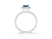Fancy Blue Emerald Cut Diamond Halo Solitaire Ring Set in White gold with Pavé Band and Prong Setting