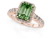 Fancy Green Emerald Cut Diamond Halo Engagement Ring Set in Rose gold with Pavé Band and Prong Setting