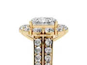 Radiant Cut Diamond Halo Engagement Ring Set in Yellow gold with Split Shank and Prong Setting