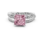 Fancy Pink Princess Cut Diamond Solitaire Twist Band Ring Set in Platinum with Pavé Setting and Prong Head