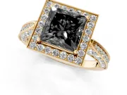 Princess Cut Milgrain Halo Engagement Ring Setting for a Black Center | Side Stones | Yellow Gold