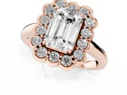 Emerald Cut Scalloped Cluster Halo Engagement Ring Setting | Plain Band | Rose Gold