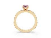 Fancy Pink Emerald Cut Diamond Solitaire Ring Set in Yellow gold with Slim Pavé Band and Prong Setting
