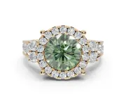 Round Halo Engagement Ring Setting for a Fancy Green Lab-Grown Diamond | Side Clusters | Yellow Gold