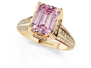 Emerald Cut Hidden Halo Engagement Ring Setting for a Fancy Pink Lab-Grown Diamond | Triple Row Pavé Band | Yellow Gold