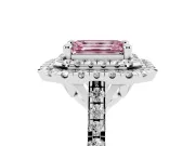 Fancy Pink Emerald Cut Diamond Double Halo Statement Ring Set in Platinum with Pavé Band