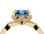 Fancy Blue Asscher Cut Diamond Halo Twist Band Solitaire Ring Set in Yellow gold with Prong-Set Center Stone