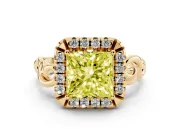 Fancy Yellow Princess Cut Diamond Halo Ring Set in Yellow gold with Scrollwork Band and Prong Setting
