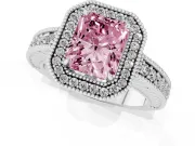Fancy Pink Radiant Cut Diamond Halo Ring Set in Silver with Round Accent Halo, Pavé Band and Prong Setting