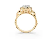 Heart Cut Diamond Halo Ring Set in Yellow gold with Scrollwork Band and Prong Setting