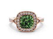 Fancy Green Cushion Cut Diamond Halo Engagement Ring Set in Rose gold with Milgrain Pavé Band