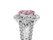 Fancy Pink Emerald Cut Diamond Halo Split Shank Engagement Ring Set in Platinum with Prong-Held Center Stone