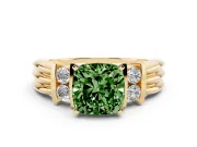 Fancy Green Three-Stone Cushion Cut Diamond Channel Set Ring Set in Yellow gold with Bar Prongs