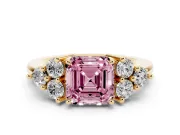 Fancy Pink Asscher Cut Diamond Solitaire Ring Set in Yellow gold with Cluster Accents on Each Side