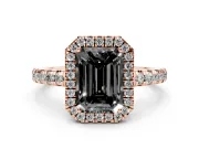 Fancy Black Emerald Cut Diamond Halo Ring Set in Rose gold with Delicate Pavé Band and Prong Setting