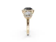 Round Three Stone Halo Engagement Ring Setting for a Black Center | Haloed Side Stones | Yellow Gold