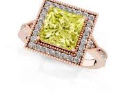 Fancy Yellow Princess Cut Diamond Halo Engagement Ring Set in Rose gold with Milgrain Pavé Band