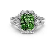 Fancy Green Radiant Cut Diamond Halo Split Shank Engagement Ring Set in White gold with Prong-Held Center Stone