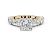 Cushion Cut Side Stone Engagement Ring Setting | Scalloped Prong Accents | Yellow Gold