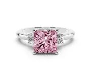 Fancy Pink Three-Stone Princess Cut Diamond Ring Set in Silver with Prong Setting and Plain Band