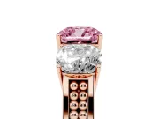 Fancy Pink Cushion Cut Diamond Three-Stone Ring Set in Rose gold with Textured Band