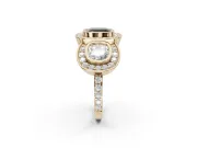 Cushion Cut Three Stone Halo Engagement Ring Setting for a Black Center | Bezel Set | Yellow Gold