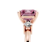 Fancy Pink Three-Stone Asscher Cut Diamond Ring Set in Rose gold with Prong Setting and Plain Band