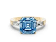Asscher Cut Three Stone Engagement Ring Setting for a Fancy Blue Lab-Grown Diamond | Tapered Baguettes | Yellow Gold