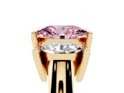 Fancy Pink Oval Cut Diamond Three-Stone Channel Set Ring Set in Yellow gold with Smooth Polished Band