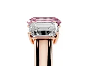 Emerald Cut Three Stone Engagement Ring Setting for a Fancy Pink Lab-Grown Diamond | Basket Prong Heads | Rose Gold